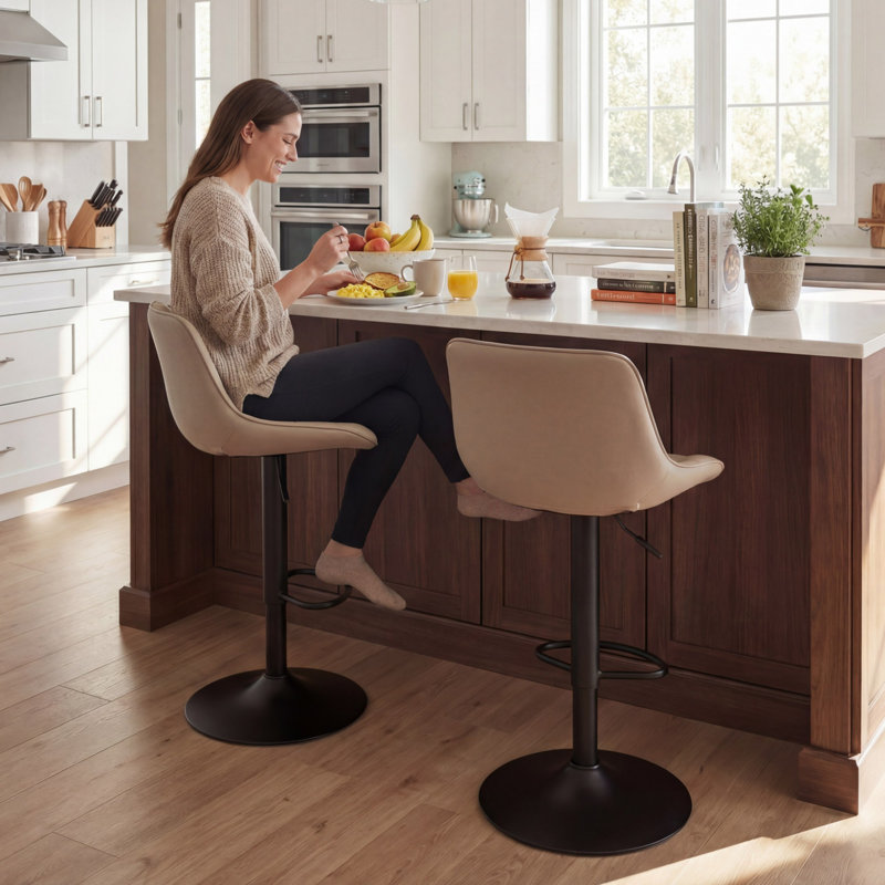 Modern Height Adjustable Swivel Bar Stools Upholstered Leather Barstool Kitchen Island Chairs with Metal Frame, Khaki