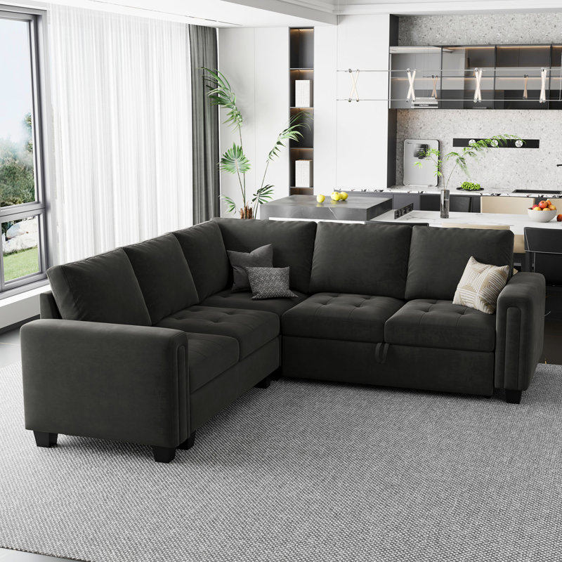 Canapé-lit modulaire en L Shavera, Velours gris velours