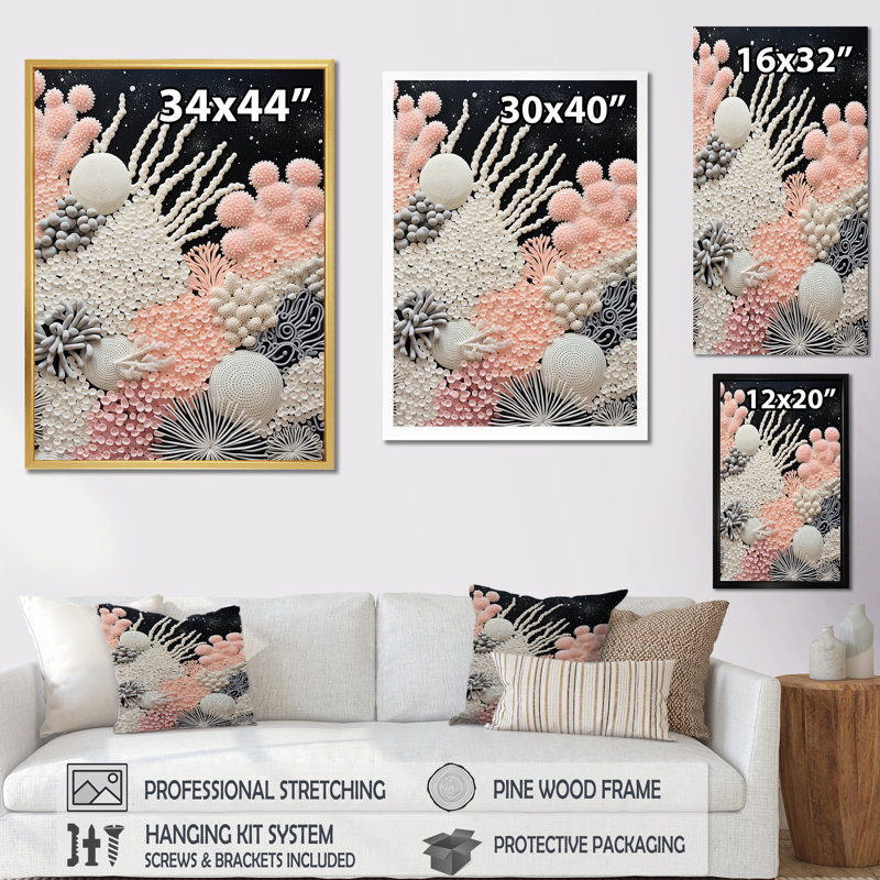 Abstrait corail noir et blanc abstrait III, reproduction sur toile, Cadre doré simple, H 40 po x l 30 po x P 1,5 po