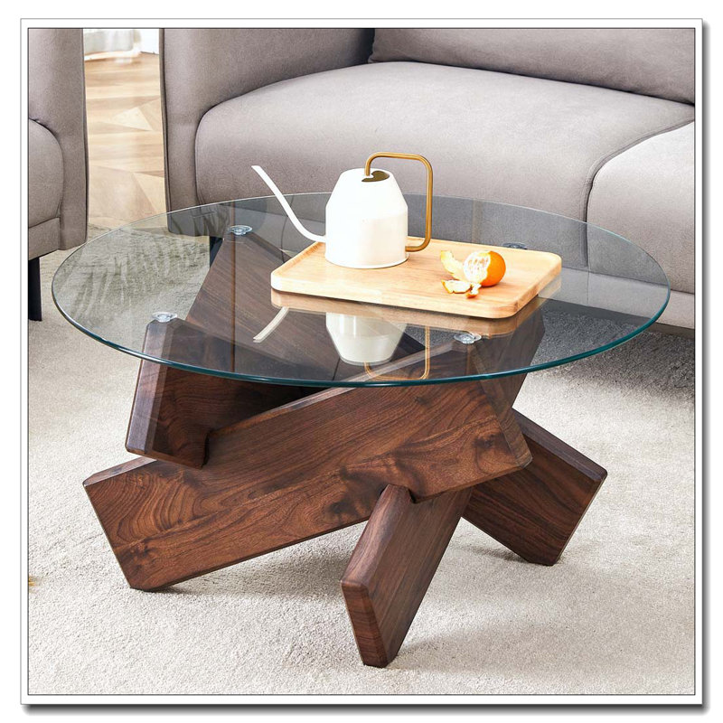 Table basse ronde en verre, Noyer