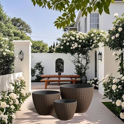 Three-piece Set Of Flower Pots With Checkered Pattern