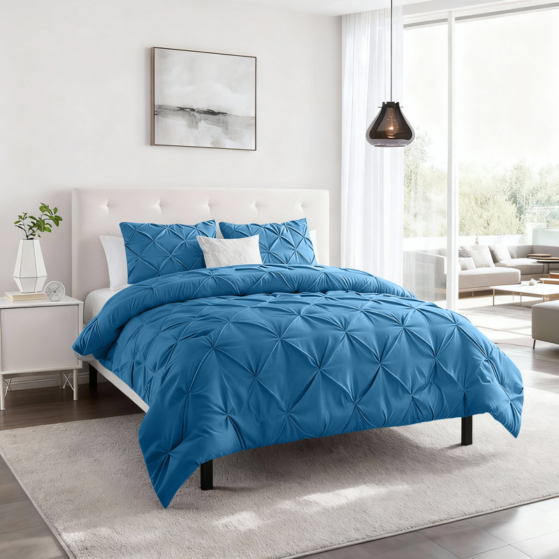Aspire Homeware High Quality Microfiber Pintuck Design Duvet Cover With Pillowcases, Washed Blue