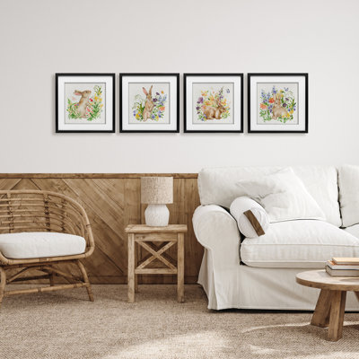 «Celebrate Spring Floral Bunnies», ensemble de 4 impressions encadrées sous verre, design par Katrina Pete