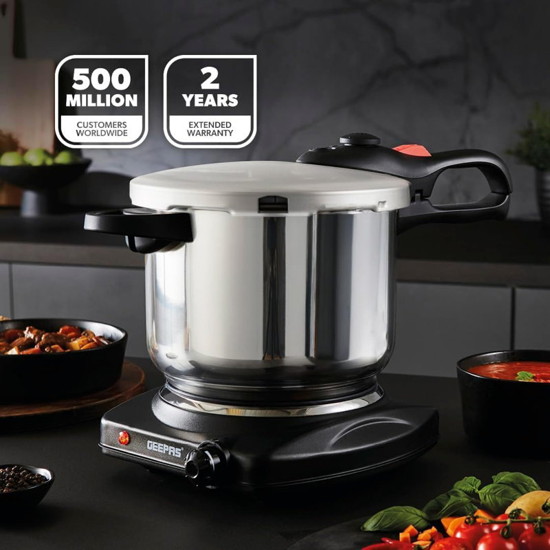 GEEPAS Stainless Steel Pressure Cooker | Induction Hob Compatible Cooker | Quick Pressure Release Dual Handles for Fast Cooking at Home or in Catering Kitchens Energy Efficient Safety Lock Silver