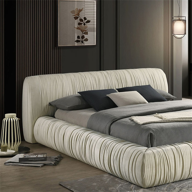 Lit plateforme tapissier contemporain en tissu de couleur ivoire 1pc, Grand lit, Ivoire ivoire