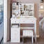 Table de coiffeuse à miroir coulissante à DEL avec tabouret rembourré, 2 prises CA + 2 prises USB et support pour sèche-cheveux-785453768