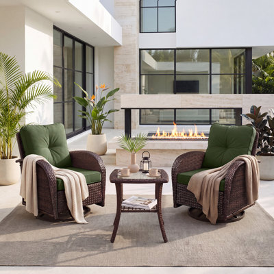 3-Piece Outdoor Wicker Swivel Rocking Chair Set with Side Table and Green Cushion, Modern Conversation Set for Porch, Patio, Balcony & Backyard