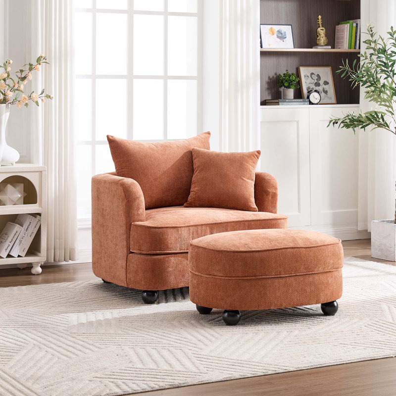 Fauteuil d'appoint 40,2 po en chenille moderne, fauteuil de lecture confortable avec repose-pieds avec rangement, Orange