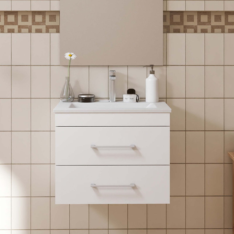 Meuble-lavabo mural blanc brillant avec tiroirs doubles, système de fermeture en douceur, lavabo en céramique, 24"