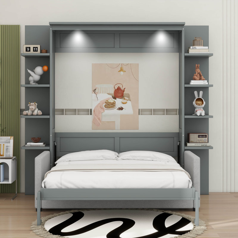 Grand lit escamotable Belote Alvan avec canapé et tablettes de rangement, Gris