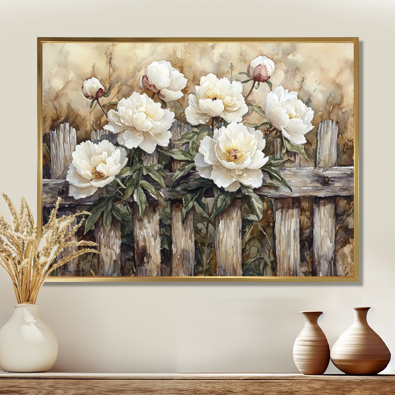 Drees, campagne, pivoines par la vieille clôture I - pivoines, art mural pour le salon, H 30 po x l 40 po, Doré