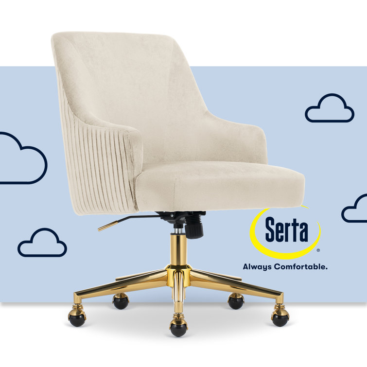 Serta Scarlett Mid-Back Office Chair, Pleated Velvet Fabric, Pocket Coil Seat, Polished Gold Base