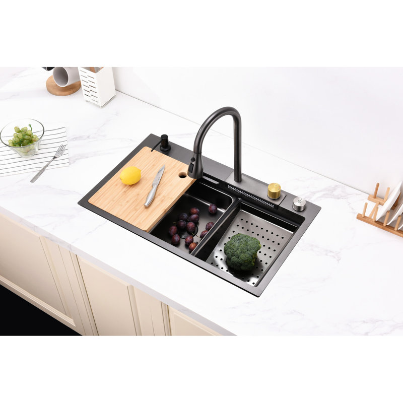 304 Stainless Steel Kitchen Basin - Single Slot Sink With Stone Guard Coating Gray Vegetable Washing Flying Rain Waterfall Cut