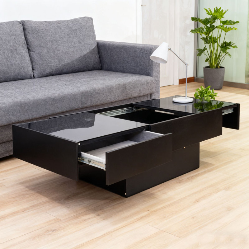 Table basse moderne noire avec plateau relevable et compartiment de rangement