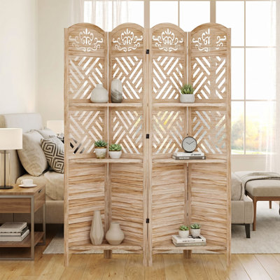 Paravent en bois sculpté avec tablettes - Paravent pliant à persiennes
