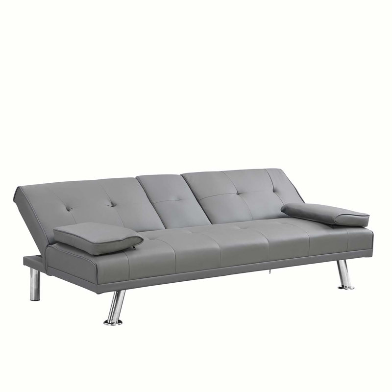 Modern 67.3” faux leather couch folding sofa bed suitable for living room and office, Gray Faux Leather