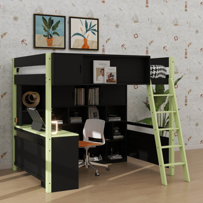 Lit mezzanine double en bois avec bureau intégré et tiroirs, lit orienté jeu avec amplement d'espace de rangement et d'éclairage
