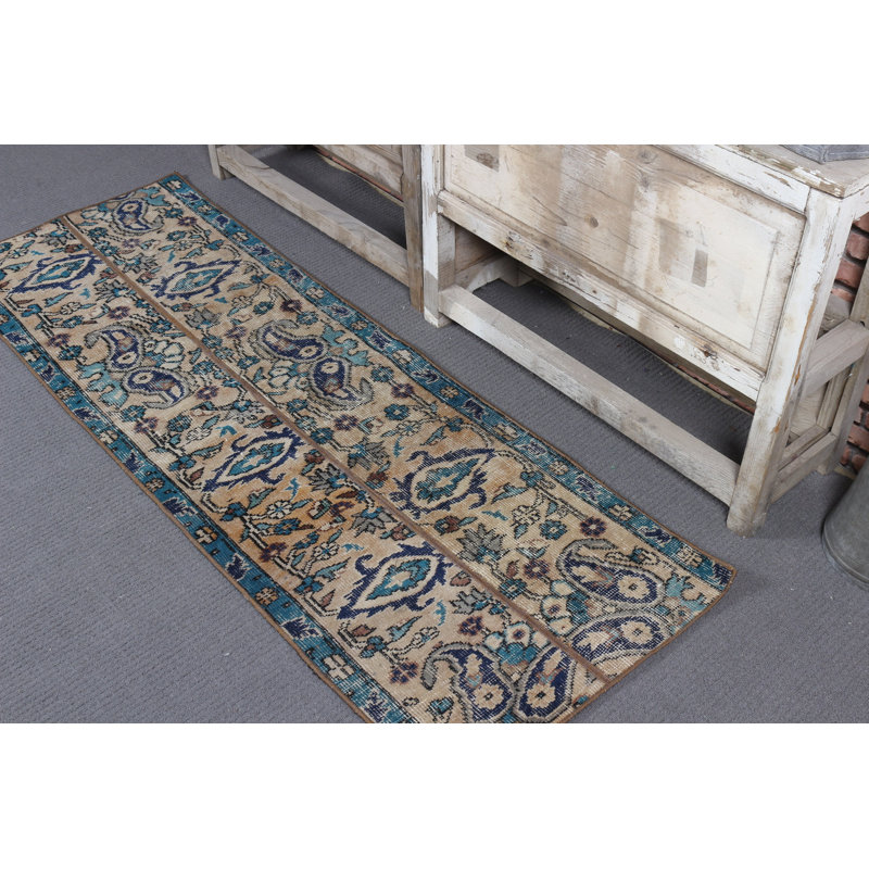 Vintage Turkish Rug Runner in Beige for Home Decor - Ideal for Kitchen Hallway Dorm with Patchwork Pale Boho Art Retro Design