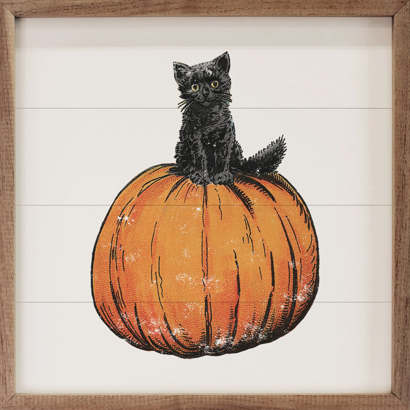 Chat rétro vintage sur citrouille d'Halloween, H 12 po x l 12 po