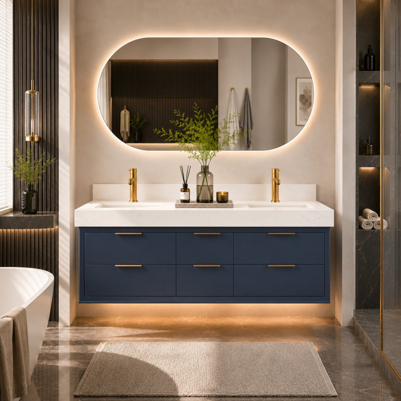Melora 60" Wall-Mounted Modern Bathroom Vanity With Double Sink, Soft-Close Drawers, White Stone Countertop & LED Light, Blue