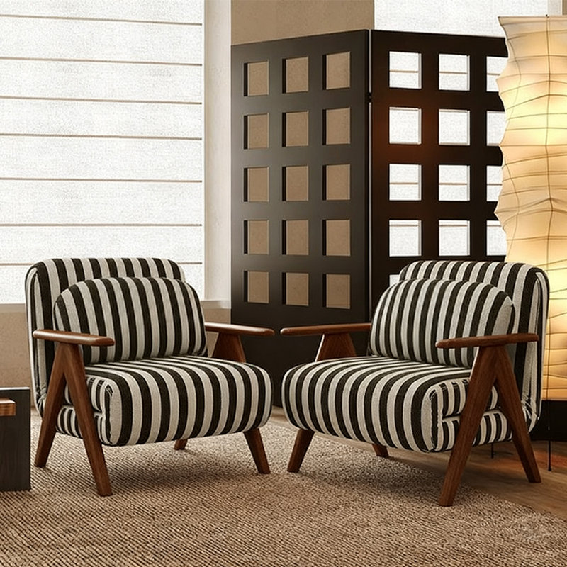 Upholstered Accent Armchair Futon Chair Sofa Bed With Solid Wood Frame（Set Of 2）, Black/White Linen Blend