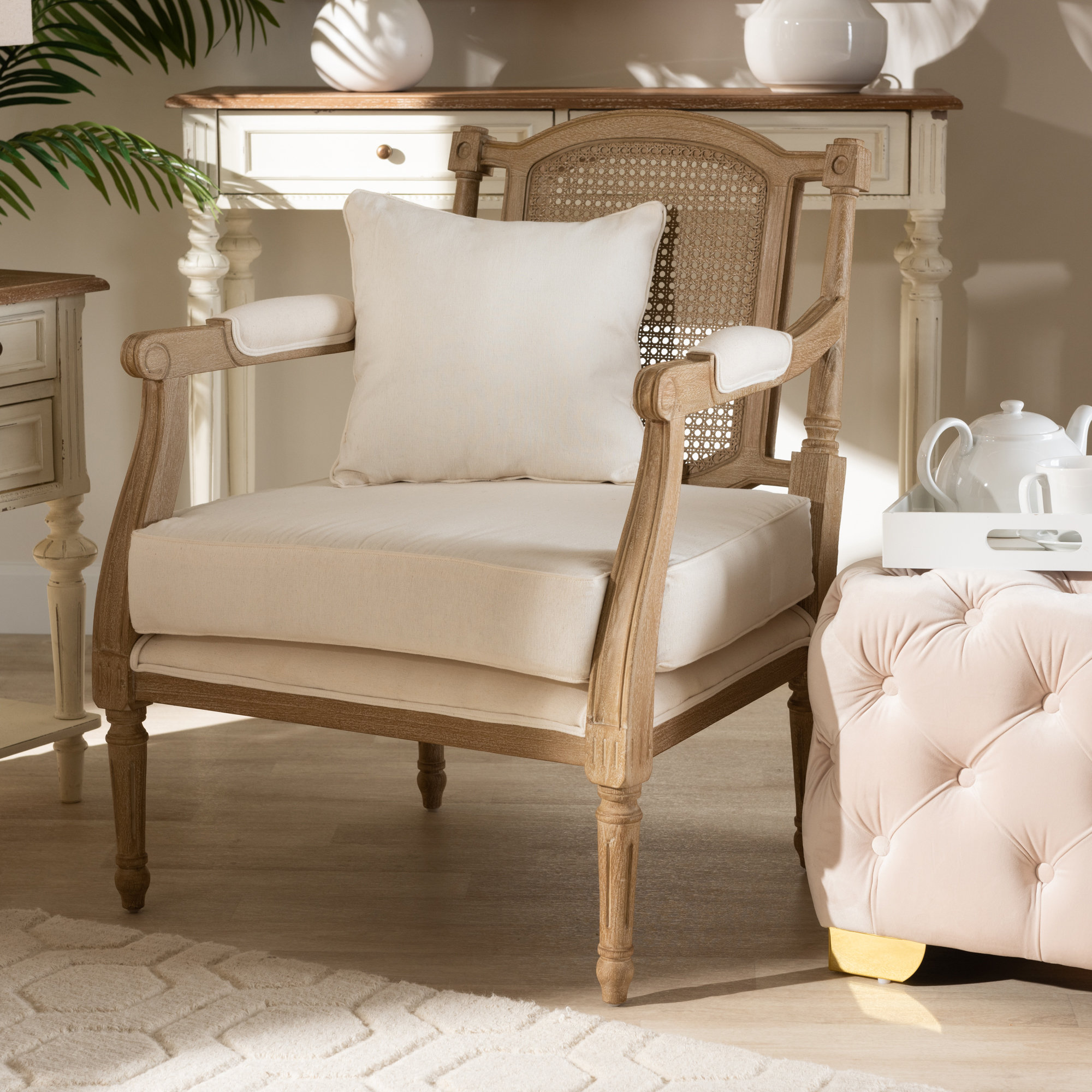 Ophelia & Co. Clemence French Provincial Upholstered Whitewashed Wood Armchair & Reviews | Wayfair
