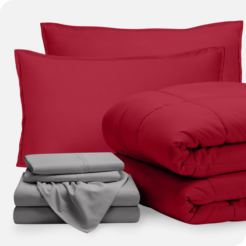 Lit dans un sac en microfibre 1800 de qualité supérieure 1800, Rouge / gris pâle, Édredon grand + 6 pièces supplémentaires