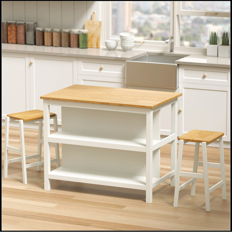 3 PCS Dining Table Set Rustic Retro Breakfast Table Dining Stools Rubber Wood for 2