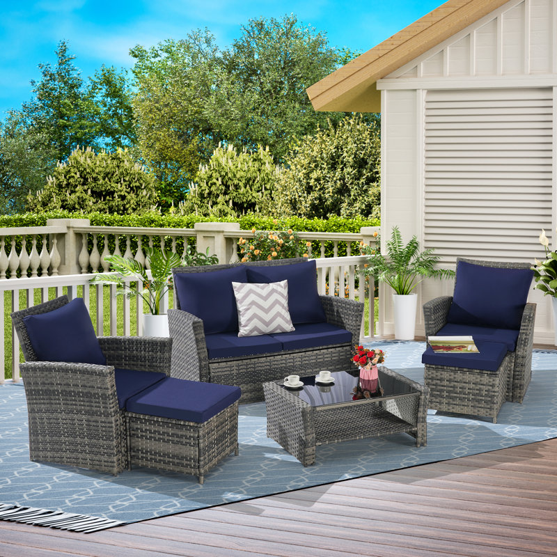 6 Piece Wicker Patio Furniture Sets with Ottoman & Tempered Glass Coffee Table, Dark Blue