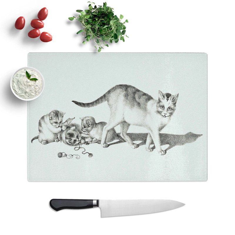 Tempered Glass Cat with Playful Kittens Chopping Board, 39 cm W x 28.5 cm L