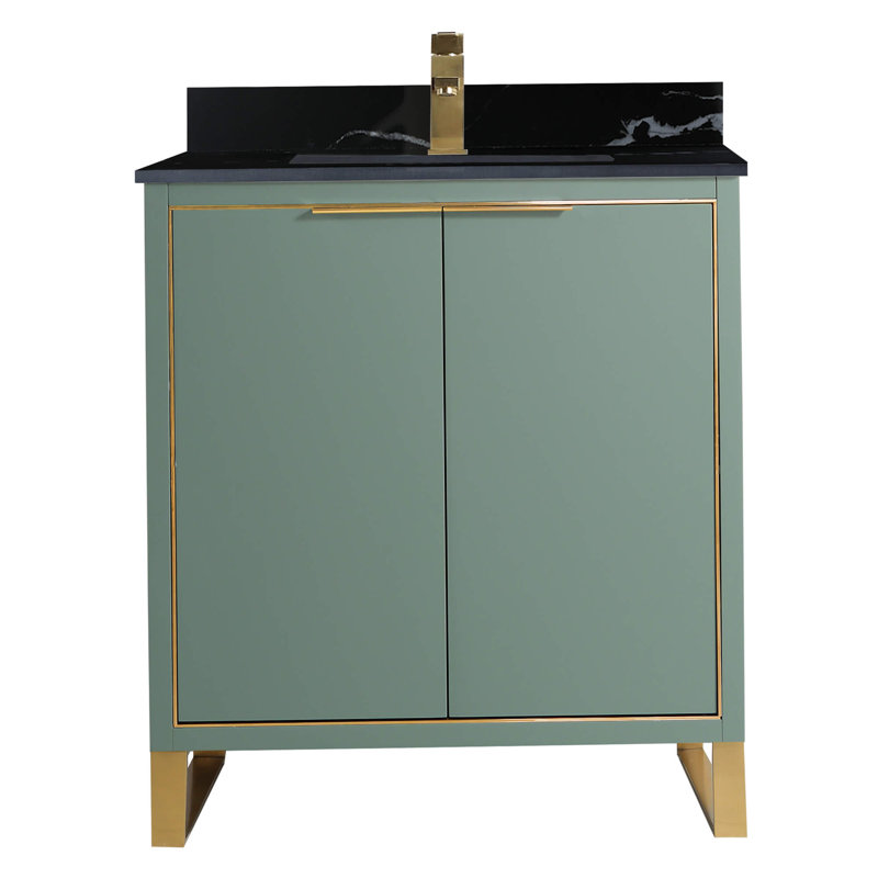 Ensemble de meuble-lavabo simple autoportant 30 po avec plateau en pierre Gesa, Vert menthe, Laiton satiné
