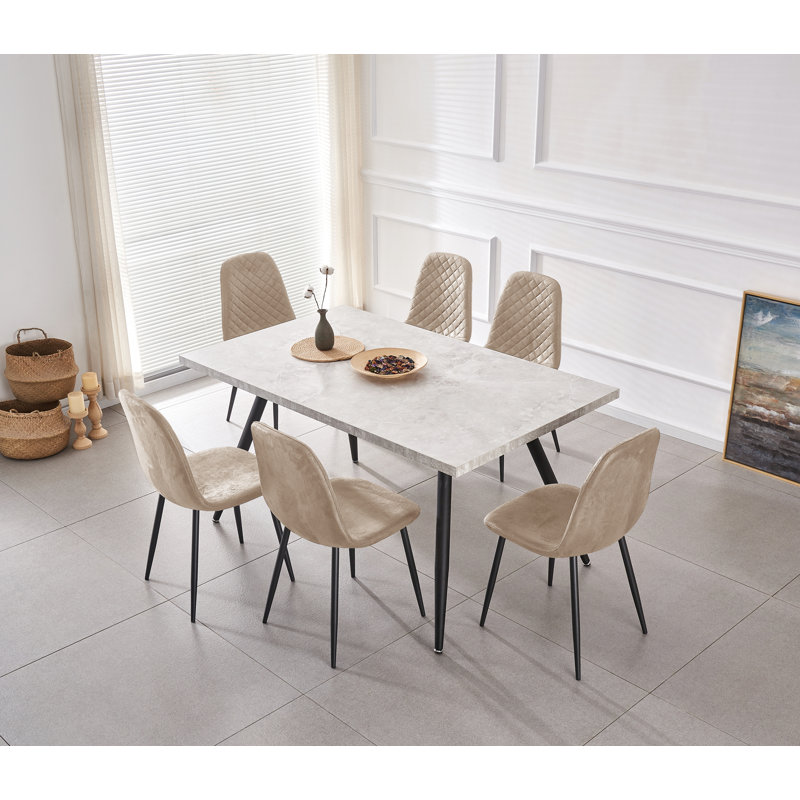 Kaylani Modern Upholstered Dining Chair, Beige Suede, Black, 6
