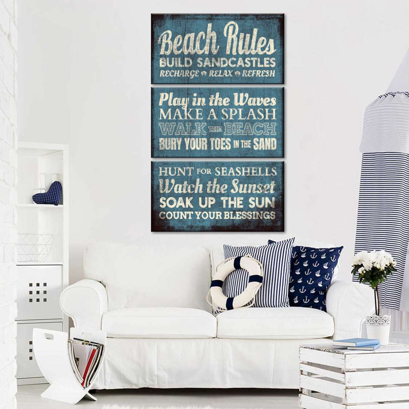 Humour, typographie, plage, règles sur toile, reproduction de 3 pièces, H 74 po x l 48 po x P 1 po