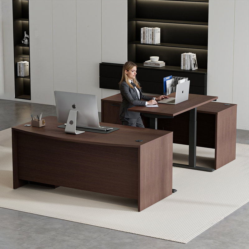 106.3'' Height Adjustable U-Shaped Executive Desk with File Cabinets, Brown