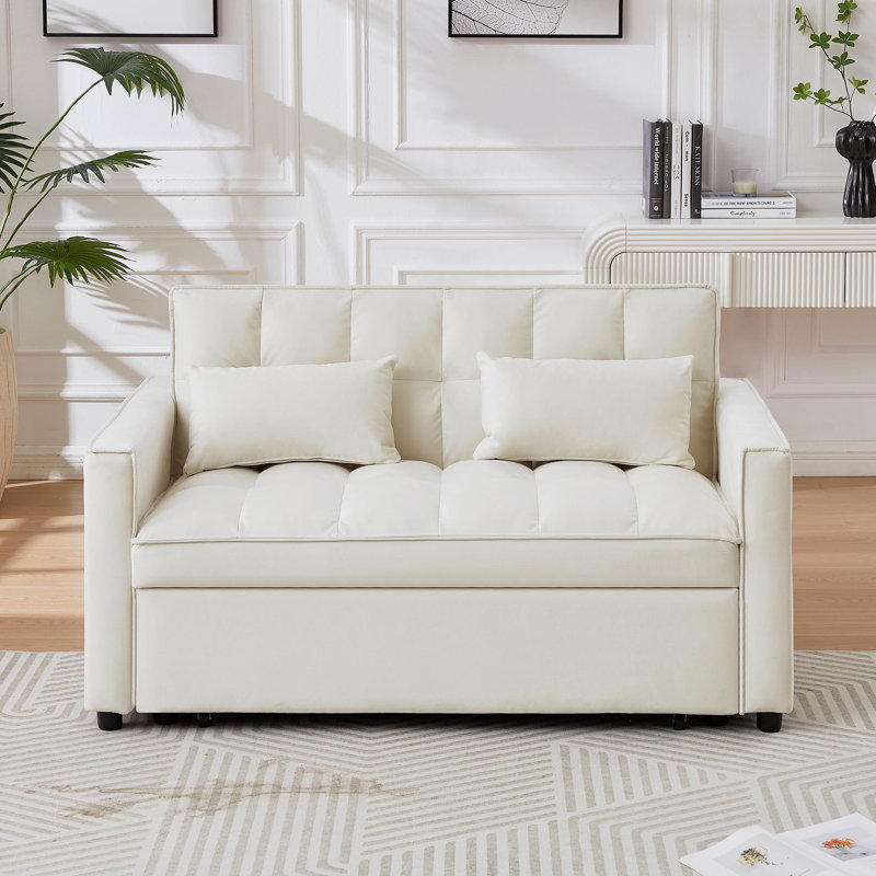 Modern 55" 3-in-1 couch folding sofa bed with two lumbar pillows for living room and office, Ivory Fabric