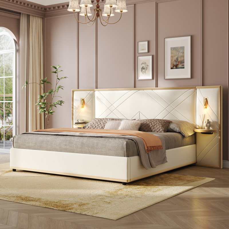 Calviano Upholstered Platform Bed With Wingback Headboard, LED Lighting, And Storage Side Panels, Beige, King