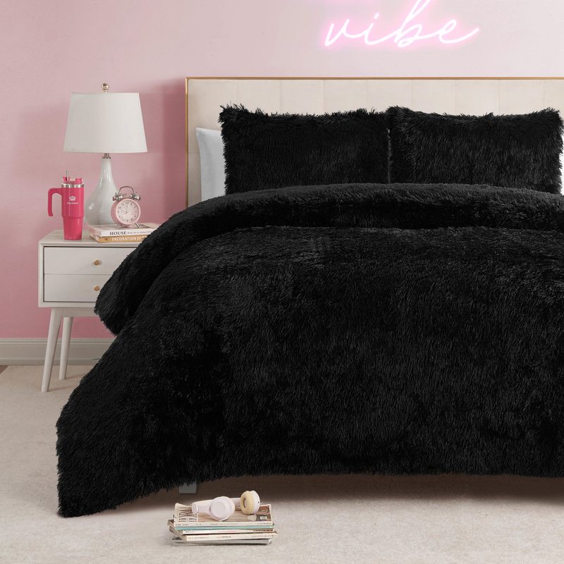 Juicy Couture Shaggy Faux Fur Comforter & Shams Bedding Sets, King Comforter + 2 King Shams, Black