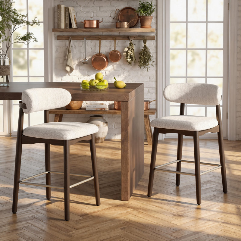 Tabouret de bar moderne à hauteur de comptoir avec dossier, non pivotant, pieds en bois d'hévéa massif et repose-pieds en métal bronze