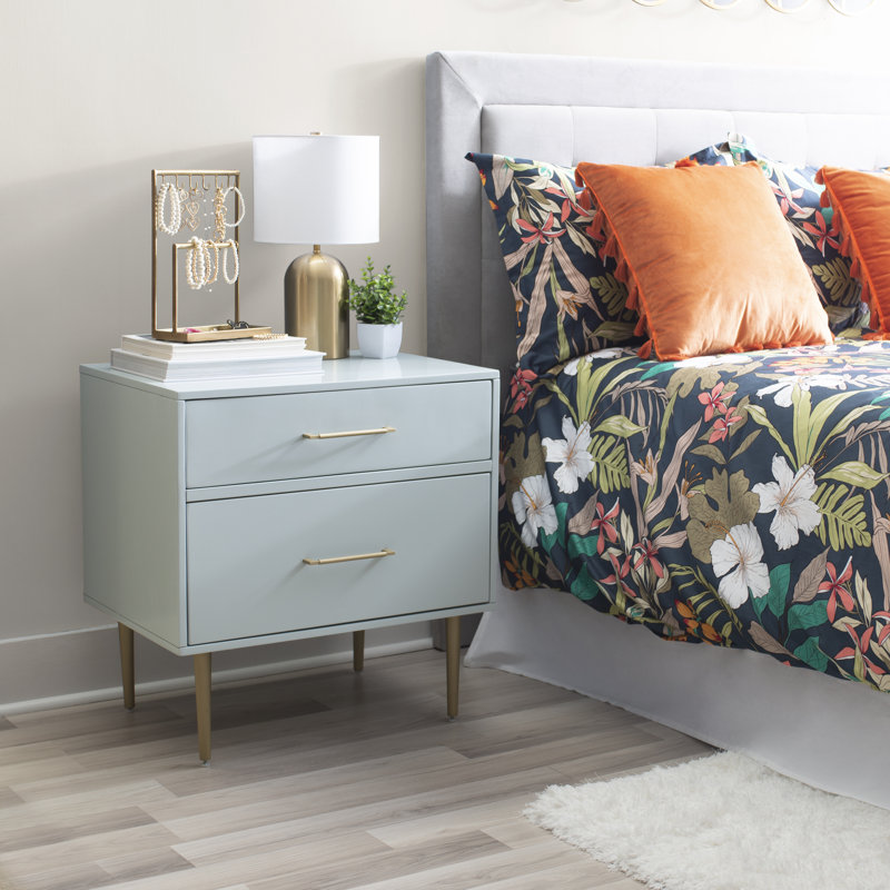 Baugh Glam Two Drawer Nightstand, Light Gray