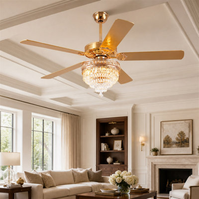 52"/62"/72“ Crystal Ceiling Fan Fandelier With Lights And Remote Control,6-Speed Reversible Quiet DC Motor 