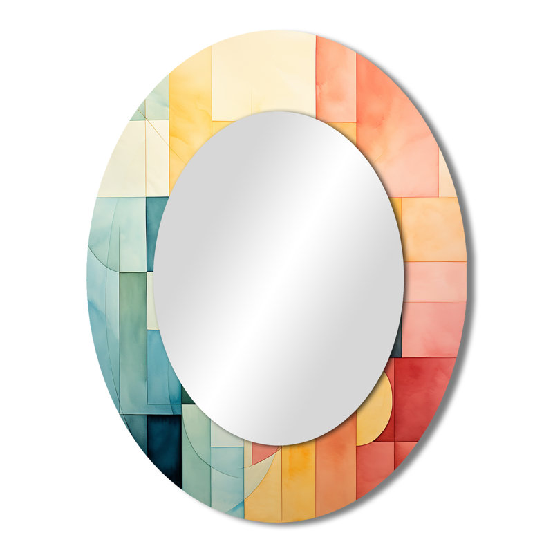 «Cubism Experiment With Minimalist II» - Miroir décoratif ovale abstrait sur métal, 43" x 33"