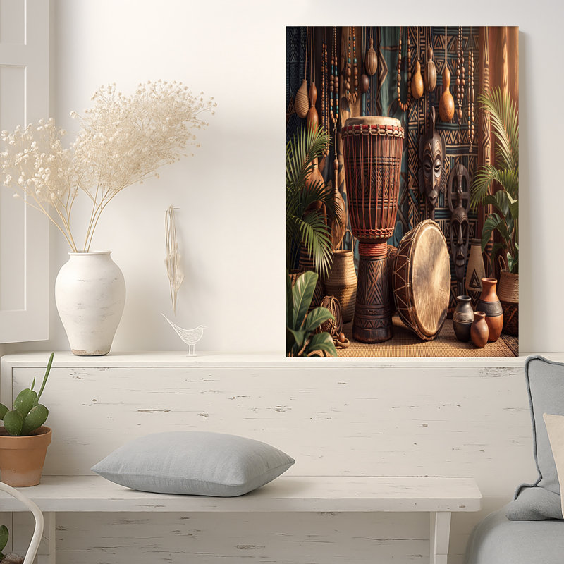 Tambour traditionnel et masques en bois sur toile avec lumière chaude, 12"H x 18"W