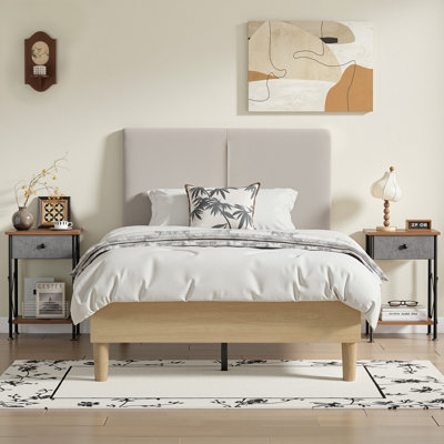 3-Piece Modern Bedroom Set With Upholstered Platform Bed & 2 Industrial Nightstands Space-Saving Furniture Bundle For Apartments & Small Rooms