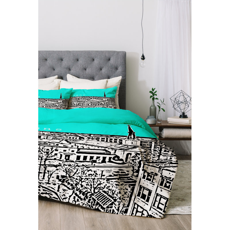 Ensemble de housse de couette Athens, Housse de couette pour grand lit et 2 taies décor, Aigue-marine