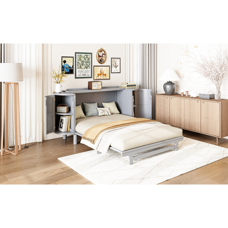 Grand lit gris avec détails tissés et options de rangement supplémentaires