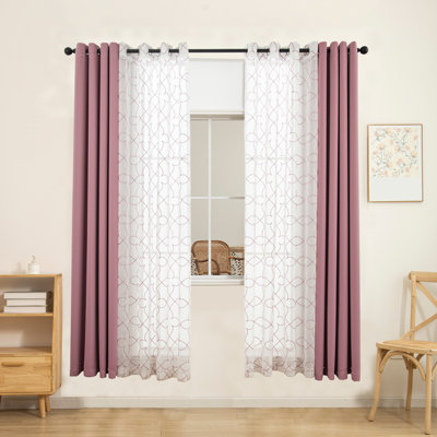 Embroidery Sheer & Solid Blackout Curtain Panel Pair Set, 4 Piece Treatment For Living Room & Bedroom