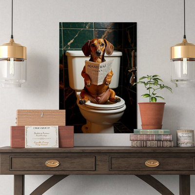 Canvas Wall Art Dachshund Dog on Toilet Canvas Print,Funny Bathroom Art-1 Vintage Poster Print Home Decor