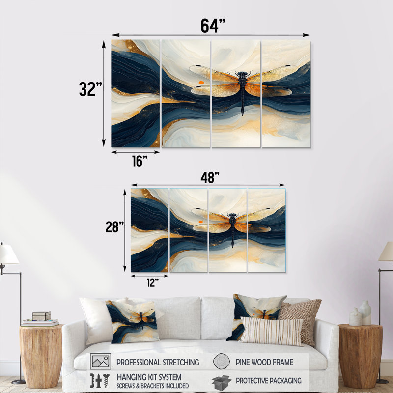 «Yellow and Blue Dragonfly Sky Dancer - Dragonfly Animal, ensemble d'art mural sur toile», H 32 po x l 64 po