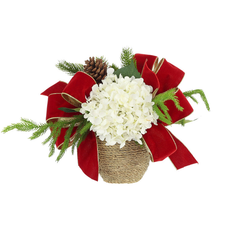 Joli Two Holiday Hydrangea Arrangements with Evergreen and Bows, White/Cream/Red