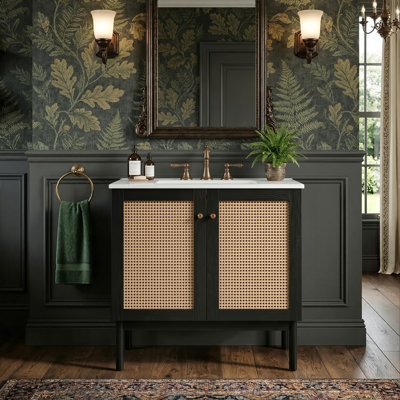 30-Inch Modern Boho Bathroom Vanity With Sink, Natural Bamboo Storage Cabinet With Handmade Rattan And Soft Close Hinges, 3 Colors